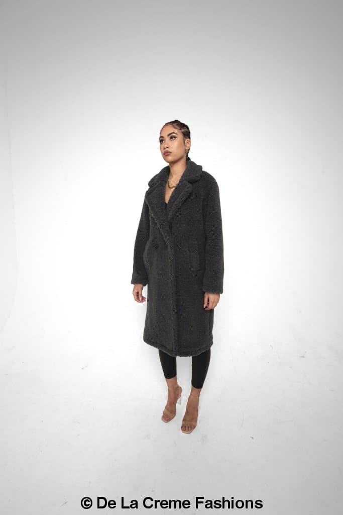 Rose Eleusis Jackie double-breasted borg teddy midi coat shown with front view, featuring cozy teddy fabric and stylish design.