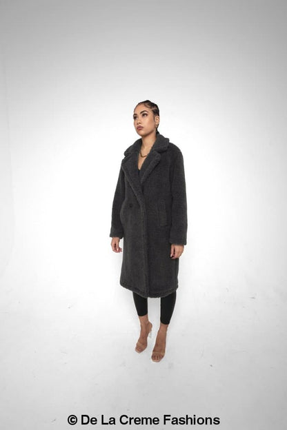 Rose Eleusis Jackie double-breasted borg teddy midi coat shown with front view, featuring cozy teddy fabric and stylish design.