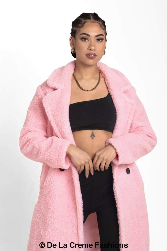 Rose Eleusis Jackie double-breasted borg teddy midi coat, warm cozy jacket with plush fur lining and stylish design.