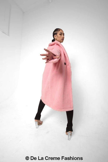 Rose Eleusis Jackie double-breasted Borg teddy midi coat with oversized collar and cozy plush fabric, stylish and warm outerwear.