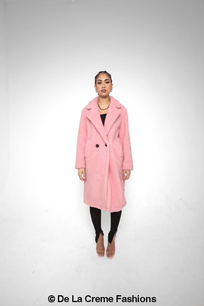 Rose Eleusis Jackie double-breasted borg teddy midi coat displayed on a mannequin, showcasing warm, cozy fleece-lined outerwear.