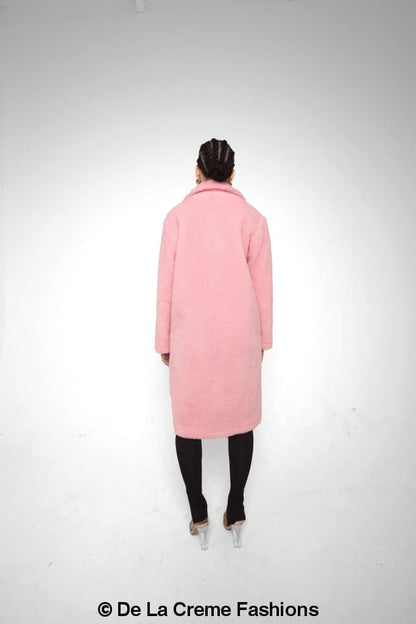 Rose Eleusis Jackie double-breasted borg teddy midi coat with plush fabric, tailored fit, and classic collar detail.