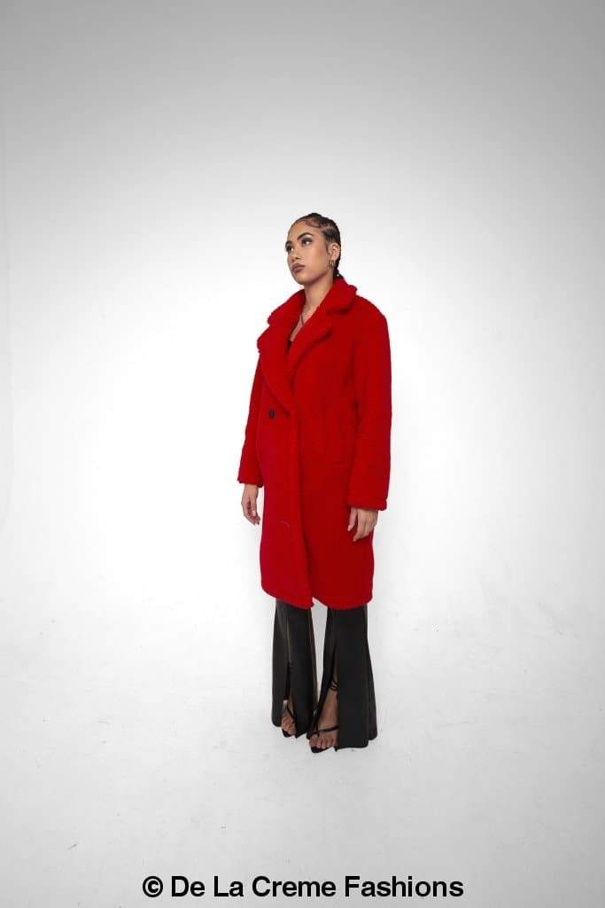Rose Eleusis Jackie double-breasted borg teddy midi coat with a cozy fleece texture, shown in a stylish jacket design.