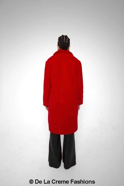 Rose Eleusis Jackie double-breasted borg teddy midi coat, cozy fleece-lined jacket with a stylish collar and button details.