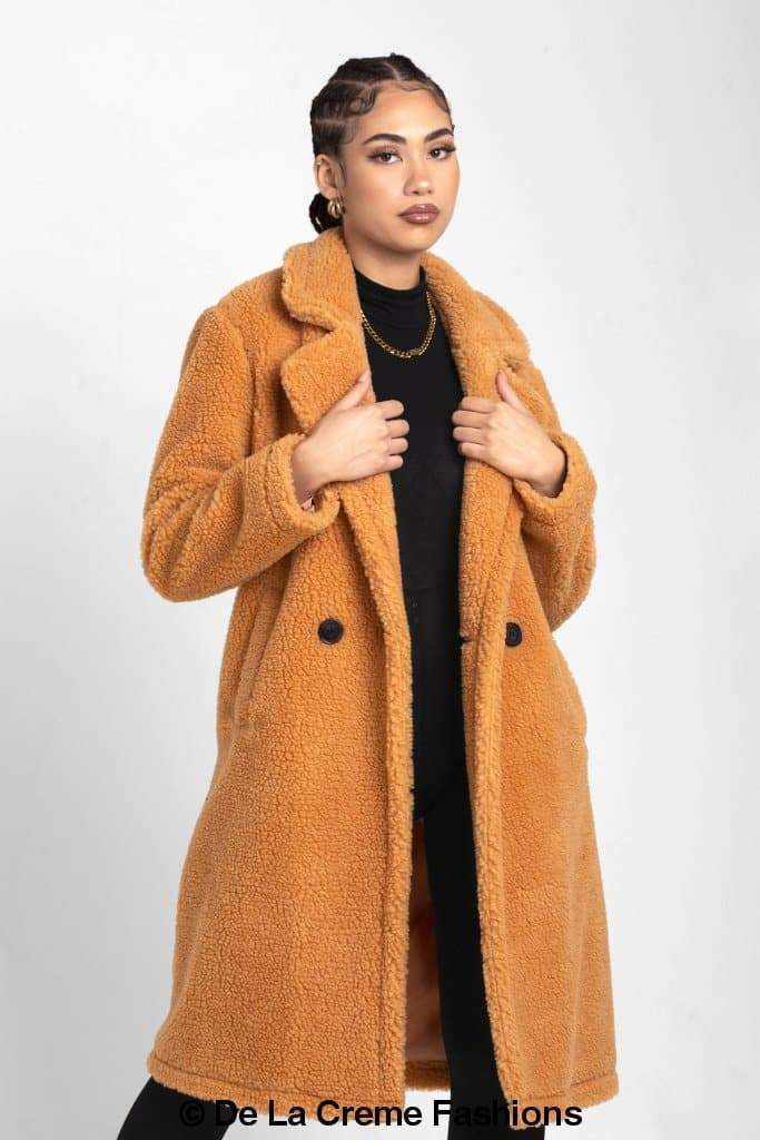 Rose Eleusis Jackie double-breasted Borg Teddy midi coat with soft, plush fabric and classic coat design in a stylish jacket.