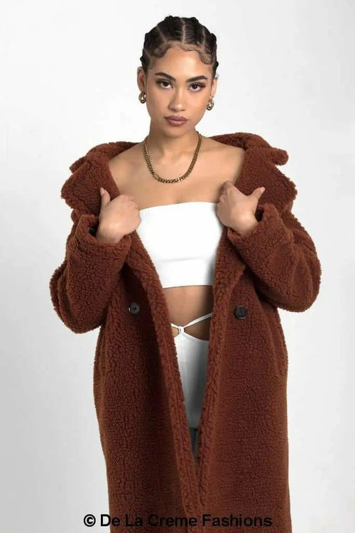 Rose Eleusis Jackie double-breasted borg teddy midi coat in brown, showcasing cozy fleece lining and stylish mid-length design.