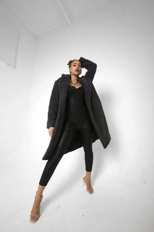Rose Eleusis Jackie double-breasted borg teddy midi coat in grey, featuring a cozy, plush fabric and stylish design.