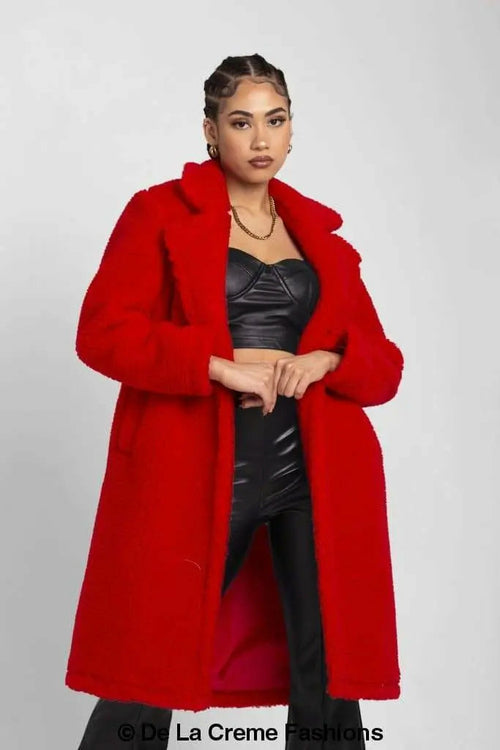 Rose Eleusis Jackie double-breasted borg teddy midi coat in red, with cozy plush fabric and classic coat silhouette.
