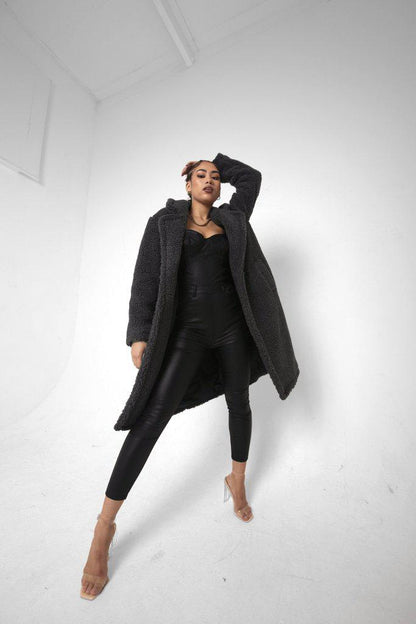 Rose Eleusis Jackie double-breasted borg teddy midi coat featuring a cozy, plush fabric and classic coat silhouette.