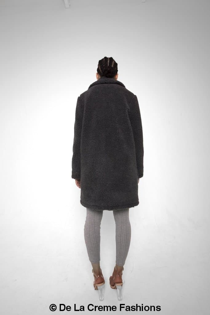 Rose Eleusis Jacqueline oversized teddy coat shown in soft, plush fabric with a cozy, stylish fit and large collar.