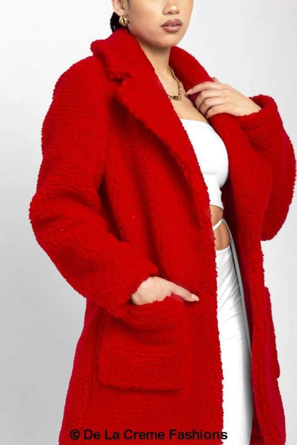 Rose Eleusis Jacqueline oversized teddy coat, cozy and plush, shown in a stylish jacket with a large collar and soft fabric.