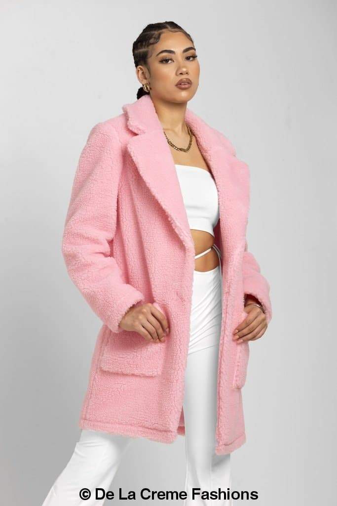 Rose Eleusis Jacqueline oversized teddy coat in beige, plush and cozy with a relaxed fit, perfect for winter layering.