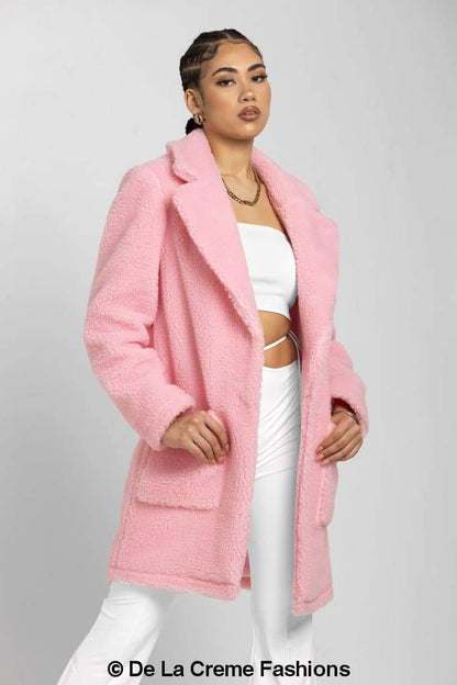 Rose Eleusis Jacqueline oversized teddy coat in beige, plush and cozy with a relaxed fit, perfect for winter layering.