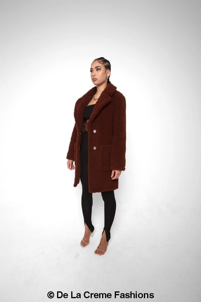 Rose Eleusis Jacqueline oversized teddy coat displayed with plush, warm fabric and stylish collar details.