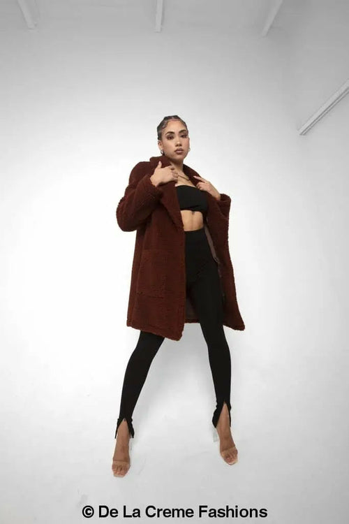Brown Jacqueline oversized teddy coat by Rose Eleusis, cozy and stylish jacket with plush faux fur texture.