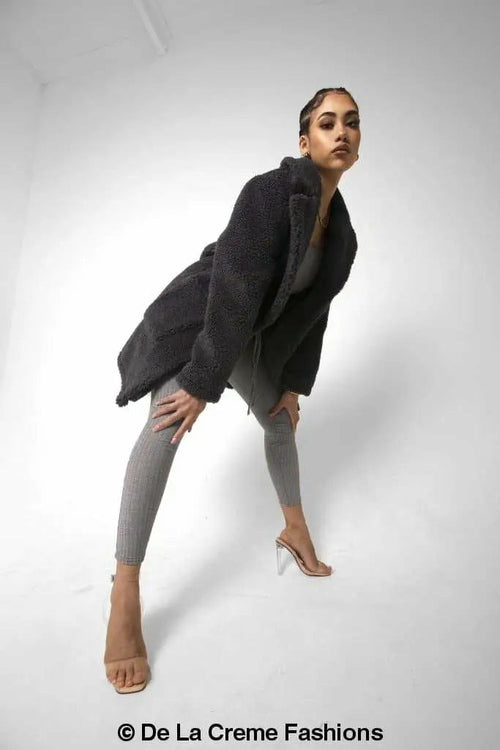 Grey Jacqueline oversized teddy coat by Rose Eleusis, shown on a model, featuring a plush, cozy teddy fabric and relaxed fit.