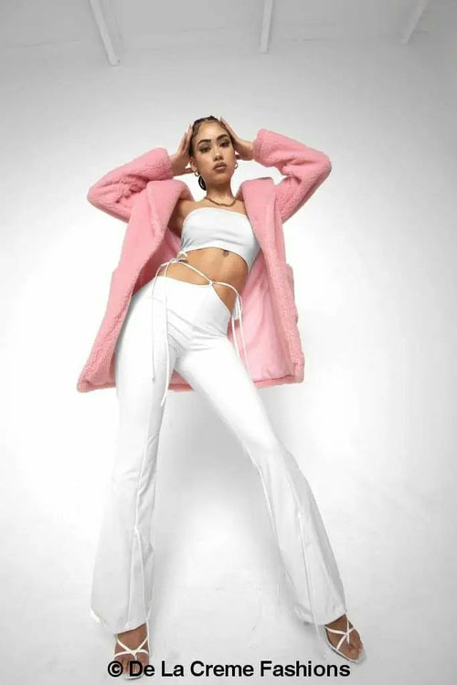 Pink Jacqueline oversized teddy coat by Rose Eleusis, cozy and plush with a relaxed fit, perfect for cold weather.