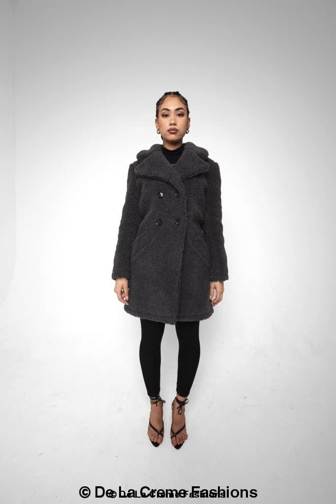 Rose Eleusis Janine double-breasted borg teddy coat, cozy jacket with a plush, textured fabric and classic design.