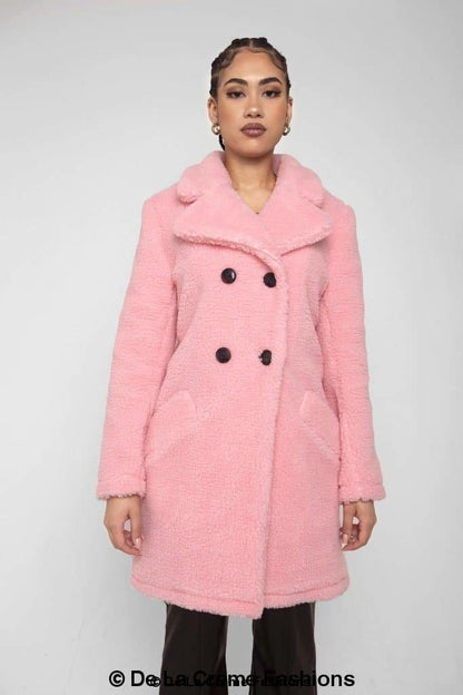 Rose Eleusis Janine double-breasted borg teddy coat, cozy warm jacket with a plush textured exterior and classic design.