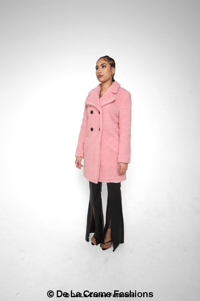 Rose Eleusis Janine double-breasted borg teddy coat, cozy jacket with plush fabric and classic design, shown in the image.