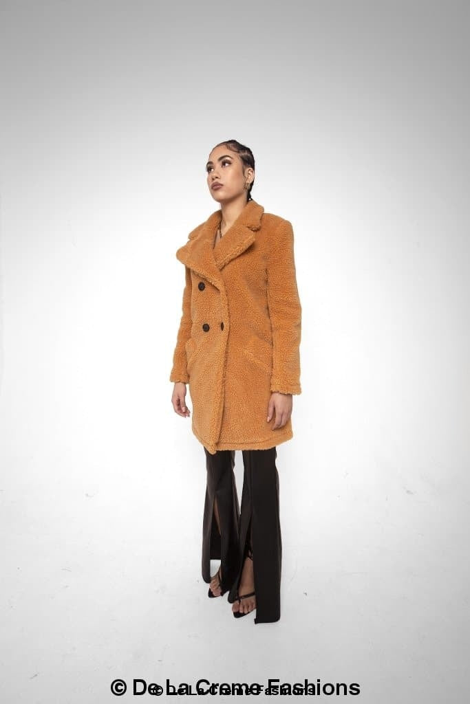 Rose Eleusis Janine double-breasted borg teddy coat featuring a cozy, plush texture and classic design in a stylish jacket.