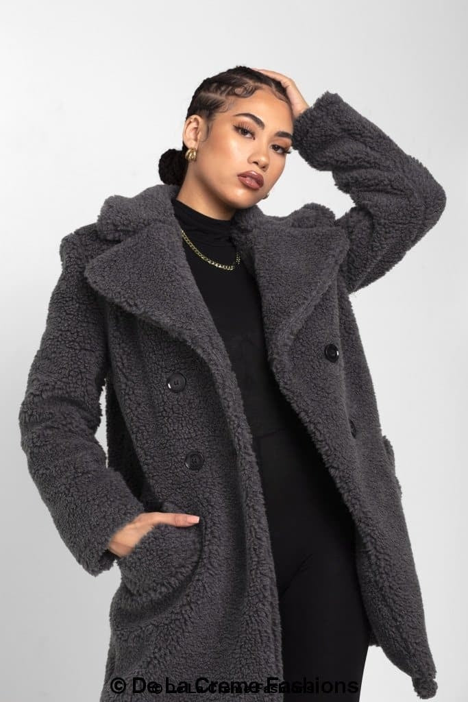 Rose Eleusis Janine double-breasted borg teddy coat featuring soft fleece fabric and a cozy, stylish design for cold weather.
