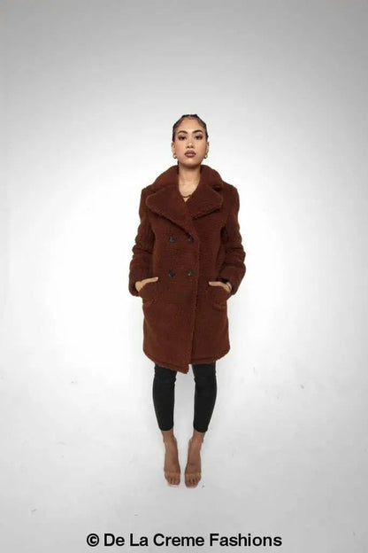 Rose Eleusis Janine double-breasted borg teddy coat in brown, stylish jacket with cozy fleece lining and classic design.