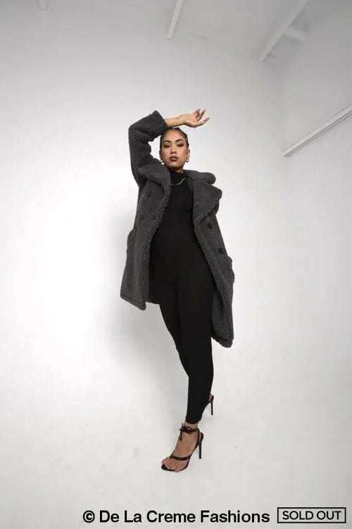 Rose Eleusis Janine double-breasted borg teddy coat in grey, stylish and cozy jackets and coats for cold weather.