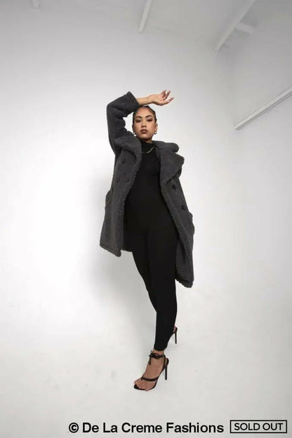 Rose Eleusis Janine double-breasted borg teddy coat in grey, stylish and cozy jackets and coats for cold weather.