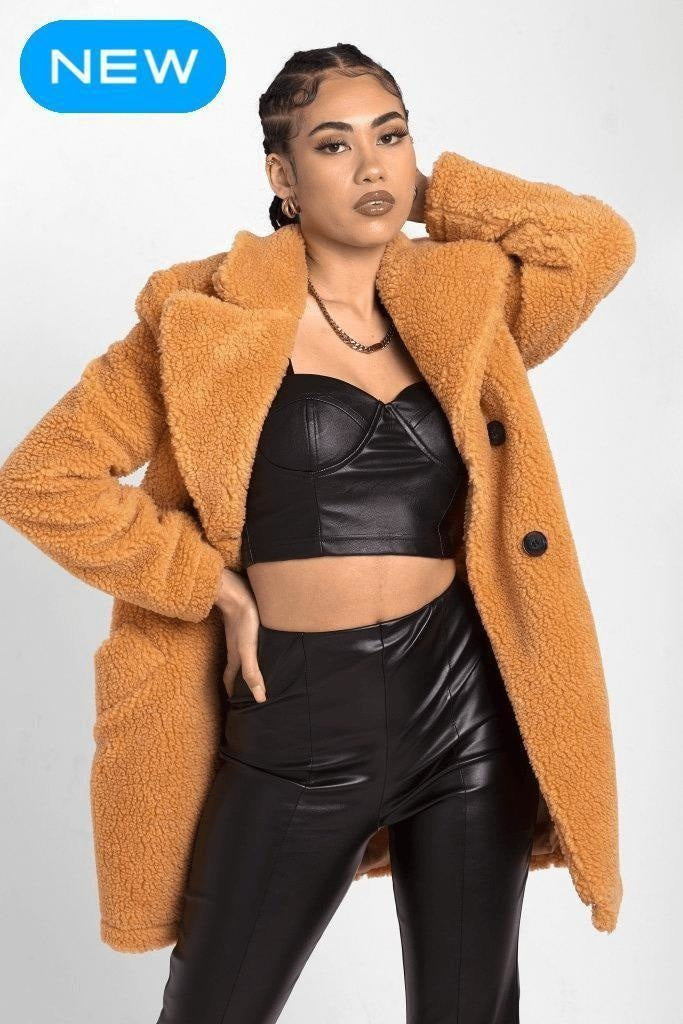 Rose Eleusis Janine double-breasted borg teddy coat in mustard, showcasing warm, cozy fleece-lined jacket with tailored fit.