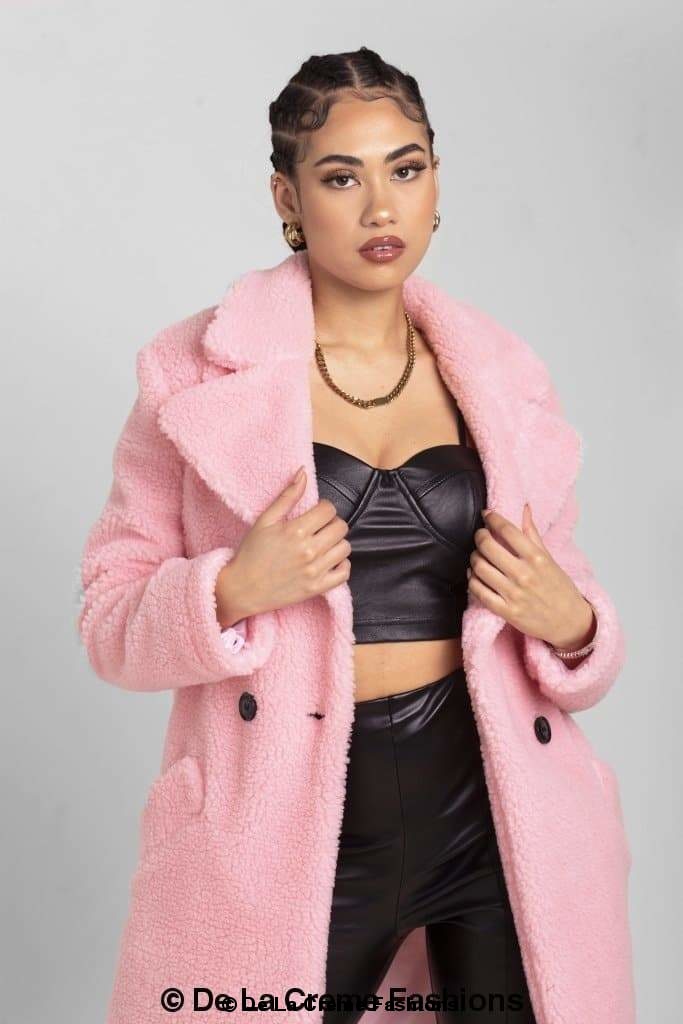 Pink Janine double-breasted borg teddy coat by Rose Eleusis, cozy and stylish jacket with a warm textured fleece finish.