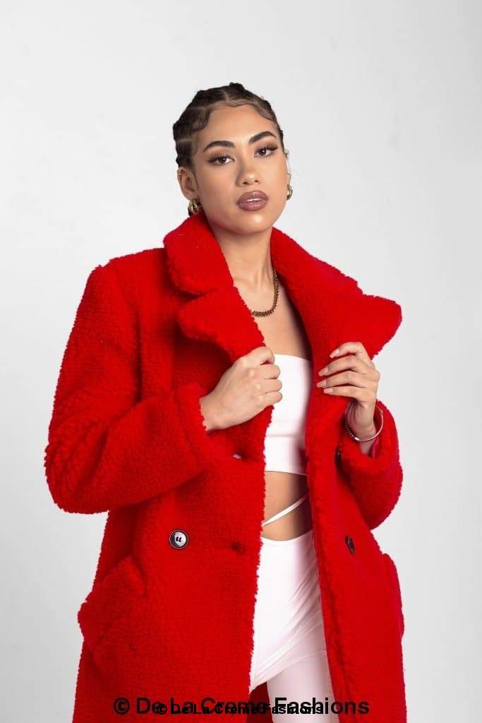 Red Janine Double Breasted Borg Teddy Coat by Rose Eleusis, cozy jacket with button closure and plush fleece interior.