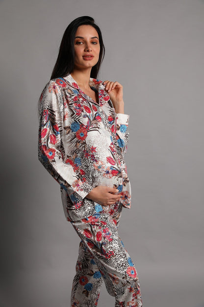 Burgundy Artemis Shopymommy Jasminlong maternity and nursing pajamas with front buttons, soft fabric, and relaxed fit.