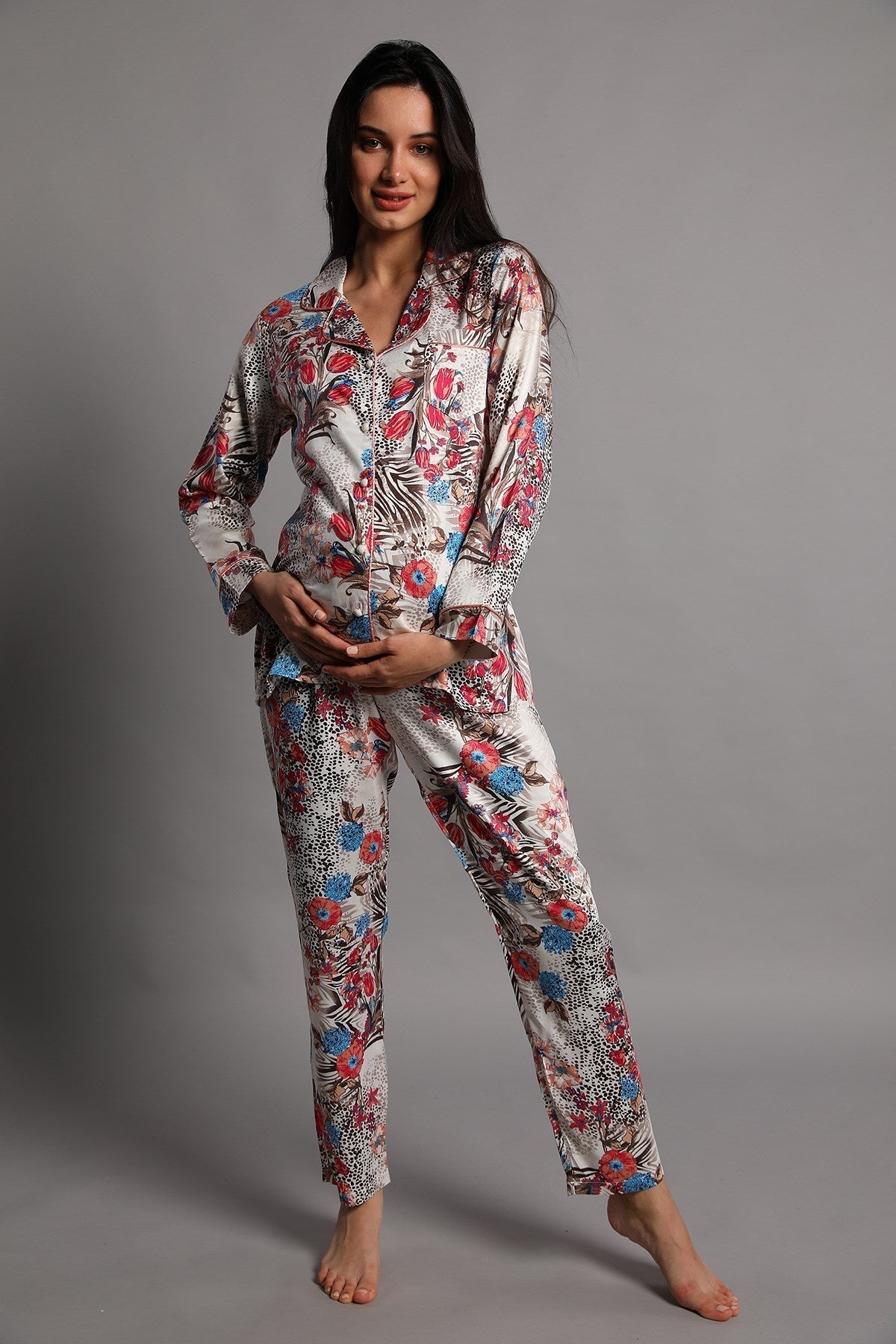 Burgundy Artemis Shopymommy Jasminlong maternity and nursing pajamas with front buttons, soft fabric, and comfortable fit.