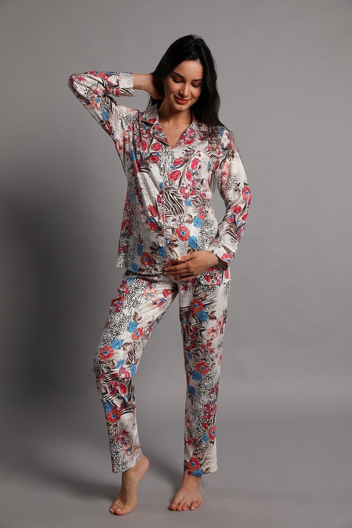 Burgundy Artemis Shopymommy Jasminlong front button maternity and nursing pajamas, soft and comfortable lingerie for new moms