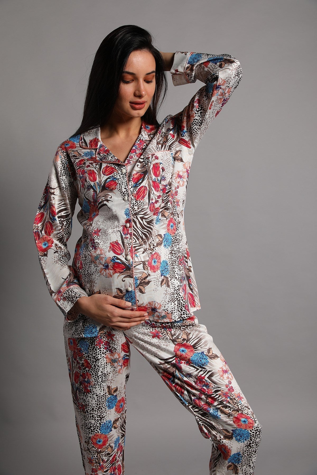 Burgundy Artemis Shopymommy Jasminlong maternity and nursing pajamas with front buttons, soft fabric, and comfortable fit.