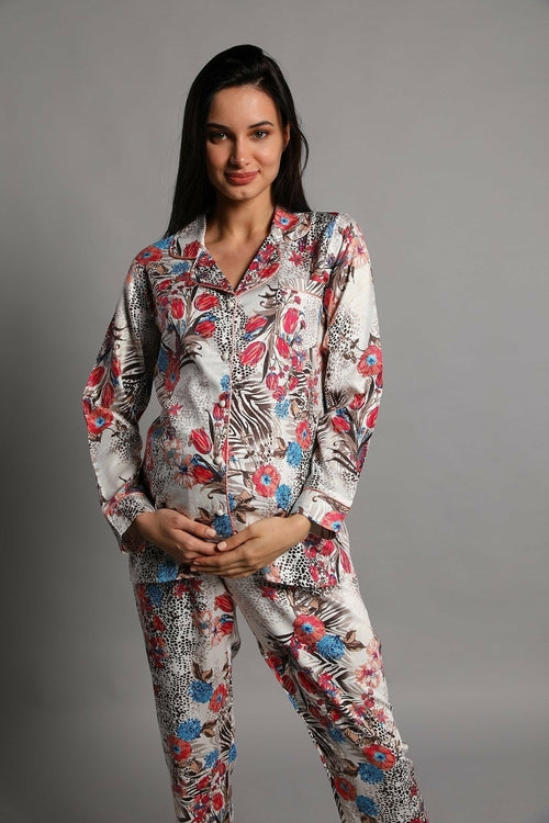 Burgundy Artemis Shopymommy Jasminlong front button maternity and nursing pajamas in soft fabric, displayed on a hanger.