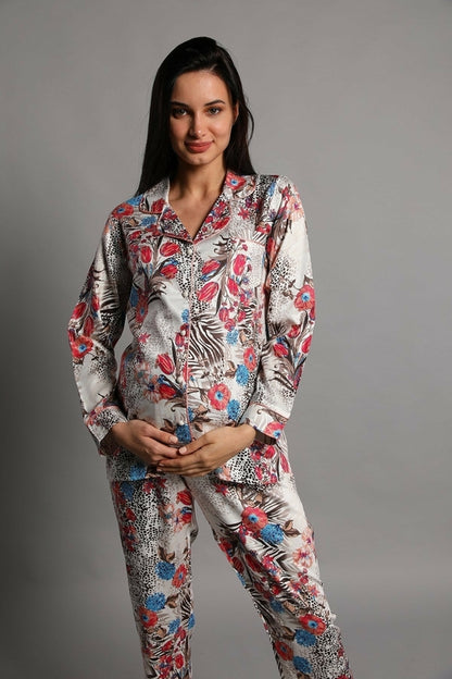 Burgundy Artemis Shopymommy Jasminlong front button maternity and nursing pajamas in soft fabric, displayed on a hanger.