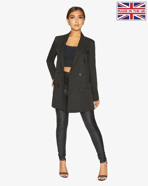 Black Jenna double-breasted blazer by Rose Eleusis, tailored jacket with structured lapels and button details, UK size 8.