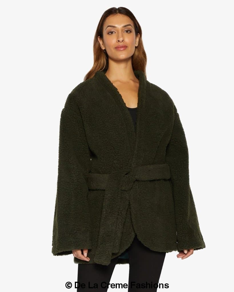 Jenna wearing Rose Eleusis open front belted teddy coat, cozy soft fleece jacket with belt, stylish winter outerwear