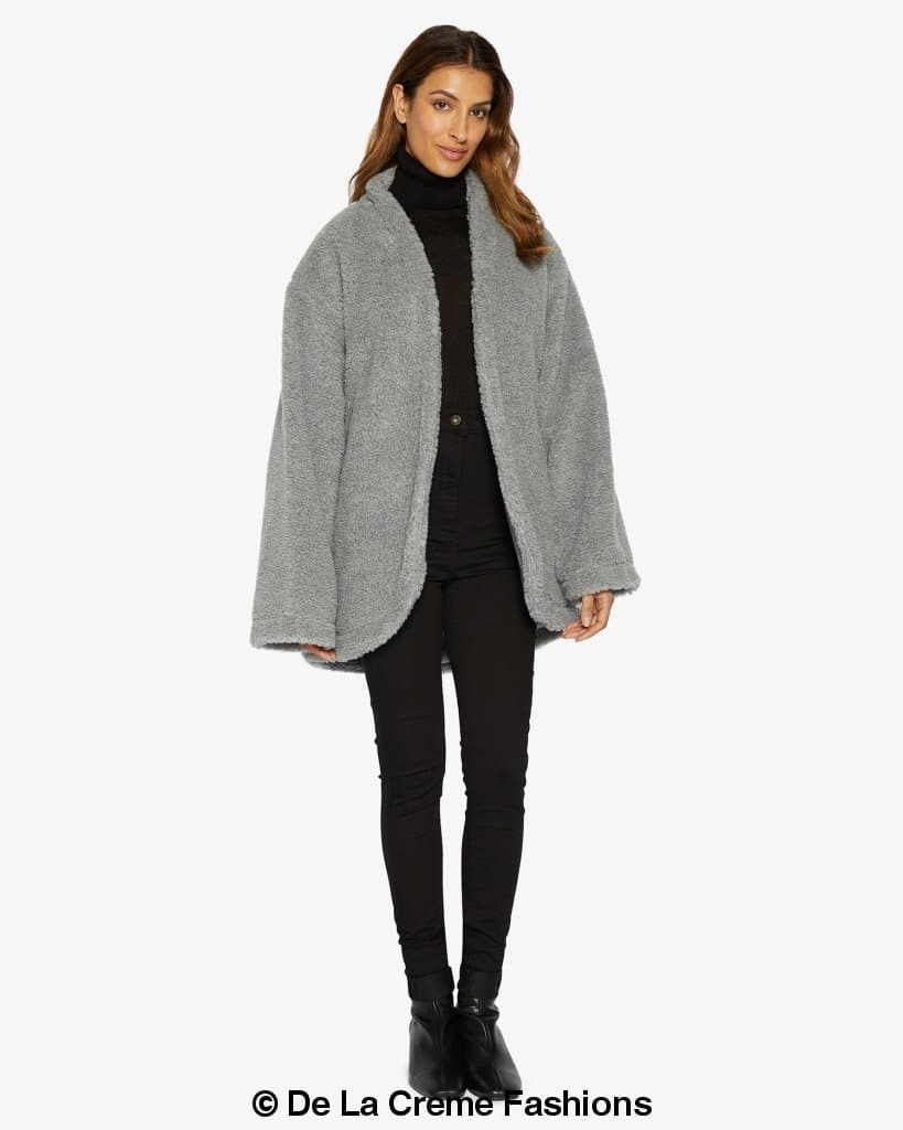 Jenna wearing Rose Eleusis open front belted teddy coat, cozy, plush fabric, and stylish design perfect for winter wear.