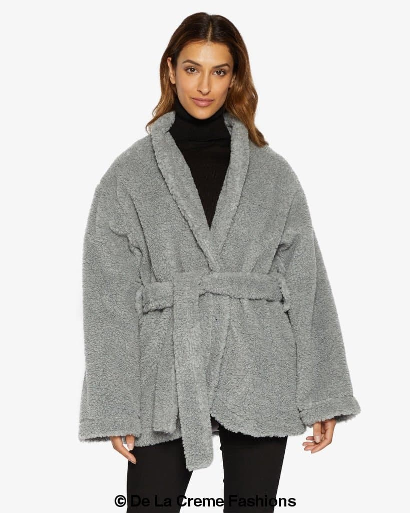 Jenna wearing Rose Eleusis open front belted teddy coat, cozy plush jacket with belt, soft texture, stylish winter outerwear