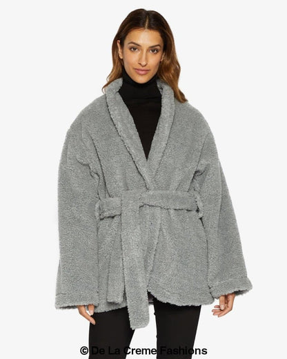 Jenna wearing Rose Eleusis open front belted teddy coat, cozy plush jacket with belt, soft texture, stylish winter outerwear
