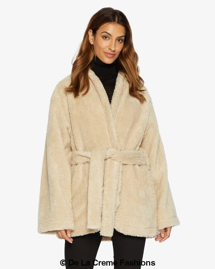 Jenna wearing Rose Eleusis open front belted teddy coat, cozy plush jacket with waist belt, warm and stylish for cold weather.