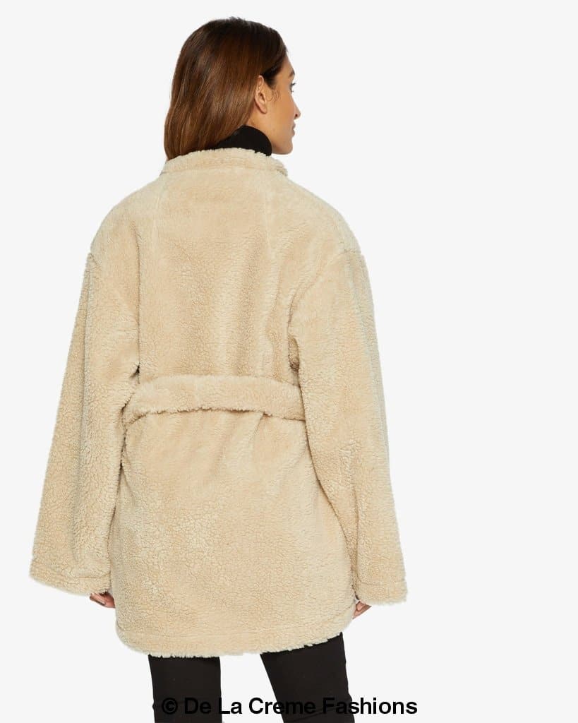 Jenna wearing Rose Eleusis open front belted teddy coat in soft faux fur, stylish and cozy winter jacket.