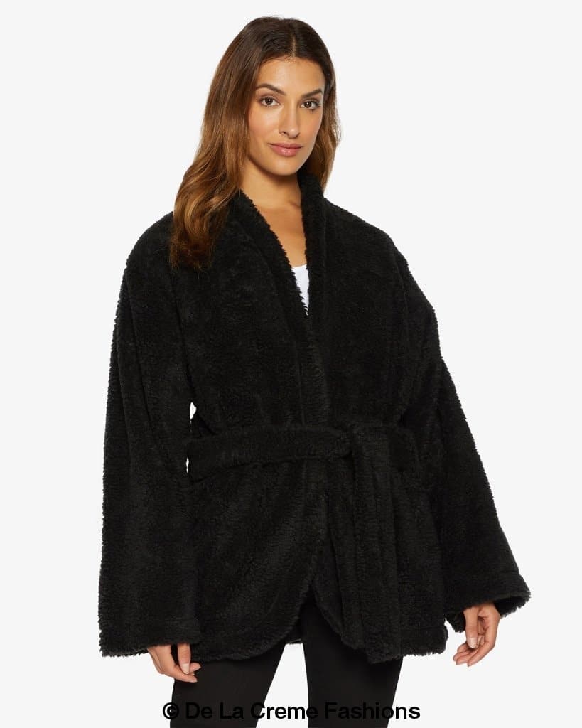 Jenna Rose Eleusis open front belted teddy coat, cozy plush fabric, stylish jacket with belt, ideal for winter warmth and fashion