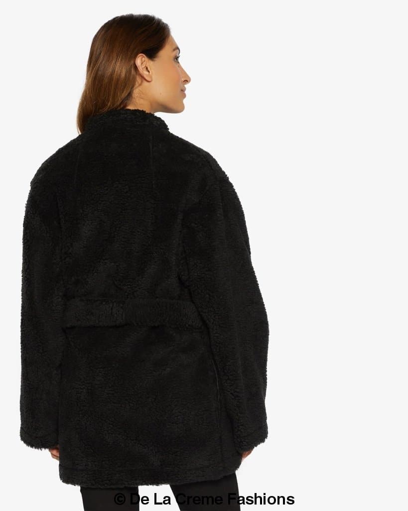Jenna Rose Eleusis open front belted teddy coat in soft, plush fabric, stylishly draped with a belt and wide collar.