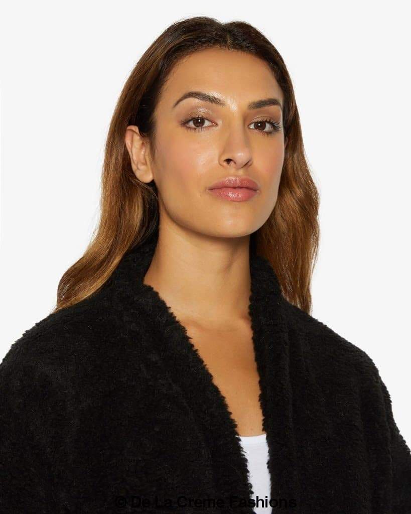 Open front belted Teddy coat by Rose Eleusis, cozy plush fabric, with a relaxed fit and waist belt, ideal for cold weather.