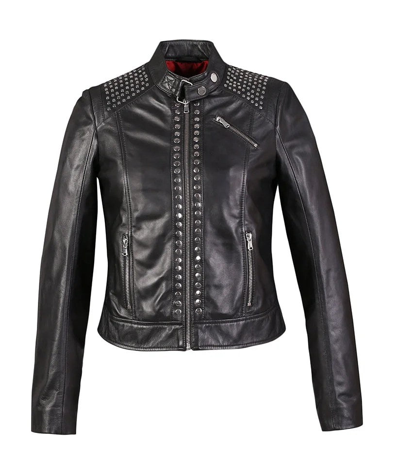 Jesse Womens High Fashion Riveted Moto Leather Jacket - Black, 3XL