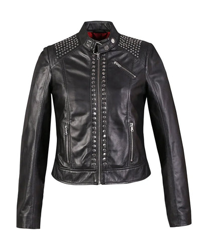 Jesse Womens High Fashion Riveted Moto Leather Jacket - Black, 3XL